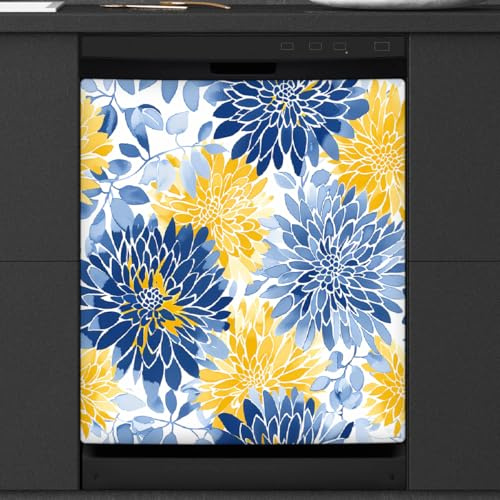 Mexpekil Cubierta magnética para lavavajillas, diseño de crisantemo azul y amarillo, 21 x 26 pulgadas, impermeable, decorativa, para lavavajillas, para electrodomésticos de cocina