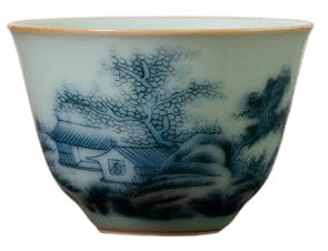 Tianqing Ru Kiln, una sola taza de té de cerámica doméstica, paisaje azul antiguo y blanco