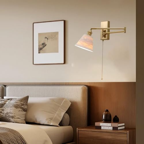 Schwenkarm-Wandlampe Zugschnur-Wandleuchte mit Schalter Moderne Goldene Nachttisch-Leselampe Keramikschirm Messing Wandleuchte drehbare Verstellbarer Lang Arm, für Schlafzimmer Studie Tapered