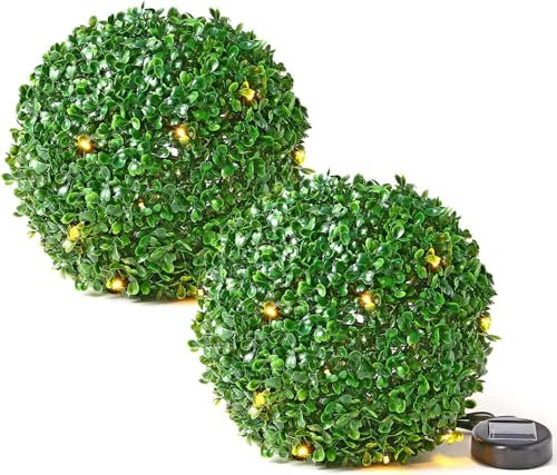 ComfyNex 28CM Solar Powered Topiary Ball 20 LED Rose Artificial Topiary Ball Hanging Garden Ornament Hanging Sphere Decoration - Wedding Artificial Plant (2, Green)