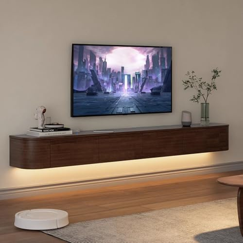 Mobile TV sospeso in legno massiccio illuminato a LED, console multimediale con cassetti, eleganti ripiani galleggianti per soggiorno, camera da letto, sala da pranzo