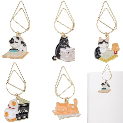 craspire 5 Stück Goldene Büroklammern Mit Katzen Emaille Anhängern Büroklammern Legierung Mini Lesezeichen Für Büro Schulbedarf Hochzeitseinladungen Basteln Scrapbooking Papier Dokumentensortierung