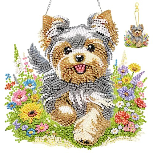 Jawecci Welpen Diamond Painting Anhänger mit Schlüsselanhänger, Hund Tiere Diamant Painting Fensterbilder Beidseitig für Erwachsene, Hängend Ornament Tür Fenster Wand Eingang