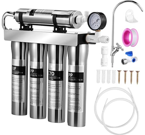DOITOOL Filtro Depuratore D’acqua Domestico in Acciaio Inox 5 Stadi, Impianto di Filtrazione Sottolavello a Parete per Acqua Potabile senza Sedimenti, Installazione Facile per Cucina