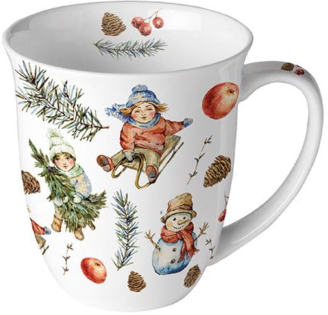 Ambiente Tasse en porcelaine d'environ 400 ml Tasse en porcelaine d'os Tasse pour thé ou café Automne Hiver Noël Noël Jouer en extérieur blanc