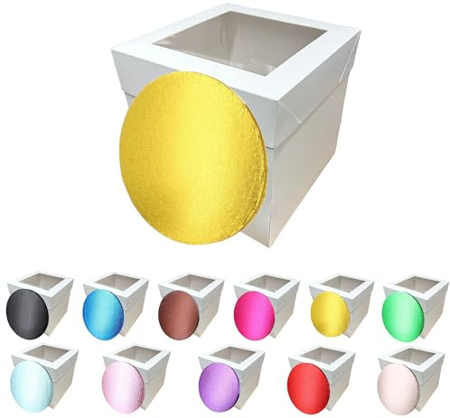 LARRYROO Tall White Cake Box Extra Deep with Clear Display Window & Vibrant, Colourful Round Cake Drum Board Combo (Gold, 12 Inch)
