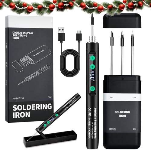 VOKTTA Lötkolben Set mit Ständer, LCD Display Akku Lötkolben, Einstellbare Temperatur 180-450°C, 3 Lötspitzen, USB Lötstation Geeignet für Reparatur Leiterplatten, Schweißreparaturen - Schwarz
