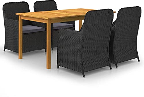 QJBSAVVA Gartenmöbel Set 5-TLG. Schwarz 150 x 90 x 74 cm Akazienholz Esstisch mit 4 Rattan Stühlen & dunkelgrauen Kissen Modernes Balkonmöbel Set für Terrasse Garten und kleinen Balkon