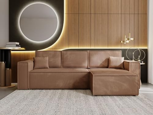 GRAINGOLD Prato XL Canapé d’Angle en L 280x170 cm, Velours côtelé, Convertible et Réversible, avec Coffre de Rangement et Fonction Lit, 4 Places Spacieuses, Style Moderne et Elegant (Marron)