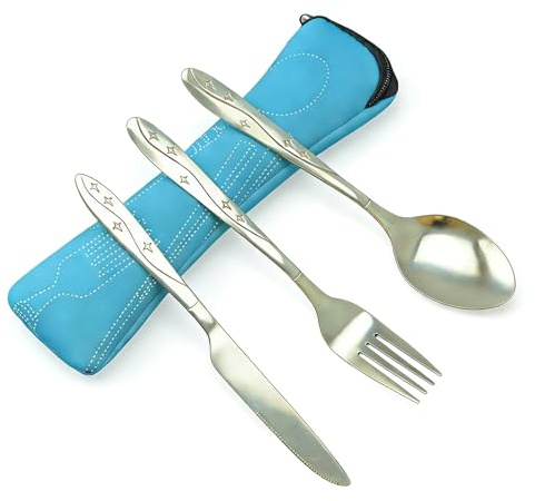 Kaiyzo Couverts De Table Inox, Couvert Camping Avec Sac, Boite A Transportable, Lunch Box Set, Motif Étoile Argent, 3 Pièces
