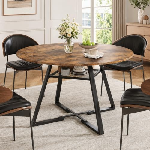 Quiaviank Runder Esstisch für 4-6 Personen, Klein Küchentisch mit Holzplatte und Metallgestell, Esszimmertisch für Wohnzimmer Esszimmer Balkon, Vintage Braun (Braun)