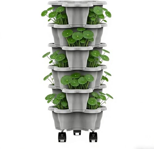 Wodustee Vertical Garden Strawberry Planter, 6 Tier Strawberry Tower on Wheels, Stackable Weatherproof Rolling Planter Plant Grow Tower for Outdoor Home Balcony Yard Patio Porch Greenhouse Gardening