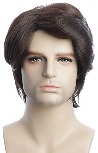 Karlery män kort lockig fluffig mörkbrun peruk halloween kostym fest cosplay peruk