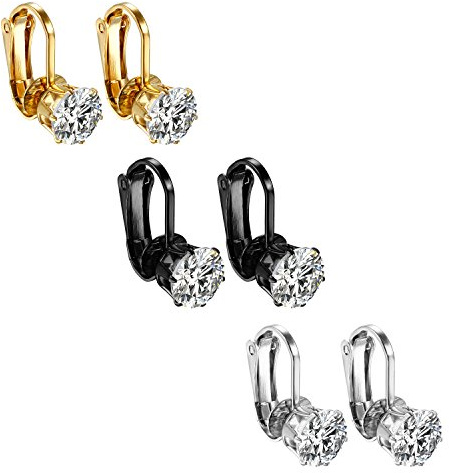 JewelryWe Round Cubic Zirconia Non-Piercing clipsörhängen hängande hävstång rostfritt stål öra manschett för kvinnor flickor e rostfritt stål, colore: Silver/Gold/Black(3pairs), cod. JW127P20022