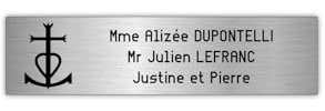 DECOHO - Plaque Boite aux Lettres Argent Lettres Noires - 100x25 mm - adhésive Personnalisable 3 Lignes avec Croix camargua - Argent