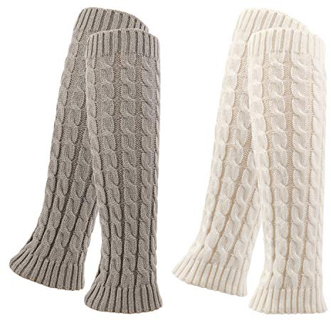 2Paare Beinwärmer,Knie Hoch Stulpen Braun Legwarmers für Damen,Warme Beinstulpen Strick