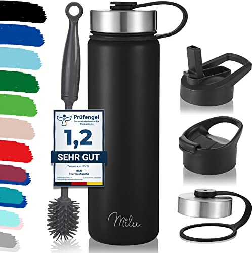 Milu Edelstahl Trinkflasche 500ml, 750ml, 1000ml (+3 Deckel) - Thermosflasche mit Strohhalm, Isolierte Wasserflasche, Auslaufsichere Isolierflasche doppelwandig, Kohlensäure geeignet (Schwarz, 750ml)