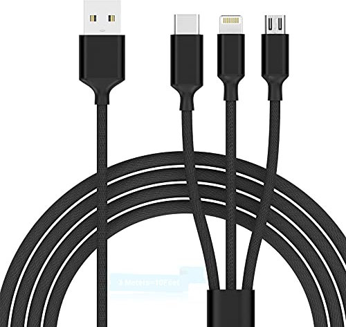 Multi Function Charger Cable,MTAKYI 3M Nylon Braided 3 in 1 Multiple USB Cable with iPhone Micro USB Type C Connector,Compatible iPhone 15 14 13 12 11 XS 8 7 Android Galaxy S9 S8 S7,Huawei,Xiaomi, LG
