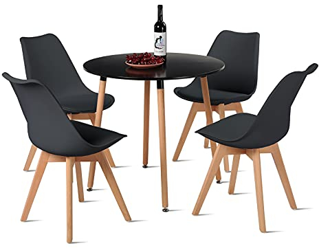 DORAFAIR Esstisch und Stühle, 1 Tisch + 4 Stühle, nordisches Design, runder schwarzer Tisch und 4 schwarze Stühle