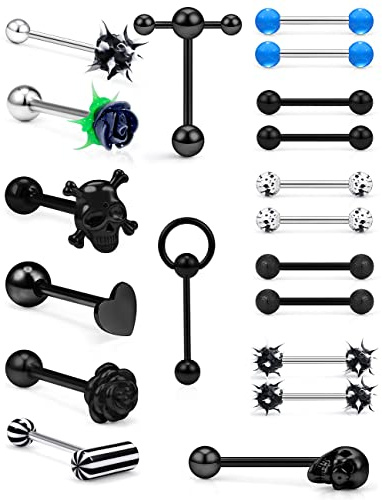Prjndjw Piercing per lingua in acciaio chirurgico da 14 G, 16 mm, a forma di teschio, cuore, fiore, a forma di T, Koosh, Spiky, in morbido silicone, con punta sferica, battente per porta, lingua