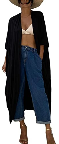 YouKD lös kaftan boho kimono strand bikini täcka upp klänning plus size hemmakläder för kvinnor, H svart, one size