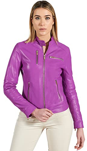 D'Arienzo Giacca Pelle Naturale Glicine Donna Giubbotto Moto Primaverile Biker Vera Pelle Made in Italy Giulia XXS/Viola