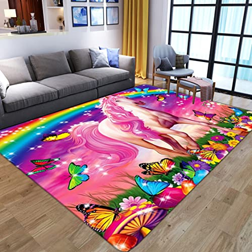 Einhorn 3D gedruckter Teppich Cartoon Regenbogen Schmetterling Sternmuster Wohnzimmer Schlafzimmer Anti Rutsch Carpet Kinder Mädchen Jungen Zimmer Spielen Krabbeln Fußmatten (160X200 cm, Rosa)