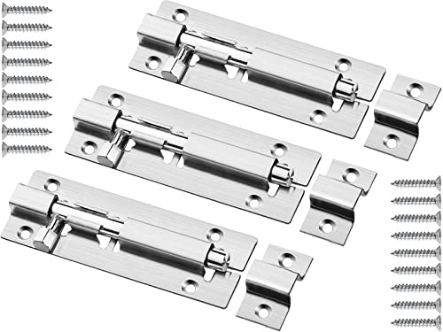 3 Pack Door Bolts Lock Gate Bolt 100mm (4'') Heavy Duty Door Security Bolts Barrel Slide Bolt Stainless Steel Straight Tower Bolt for Increasing Security on Shed Door Garden Yard Garage Gates(Silver)