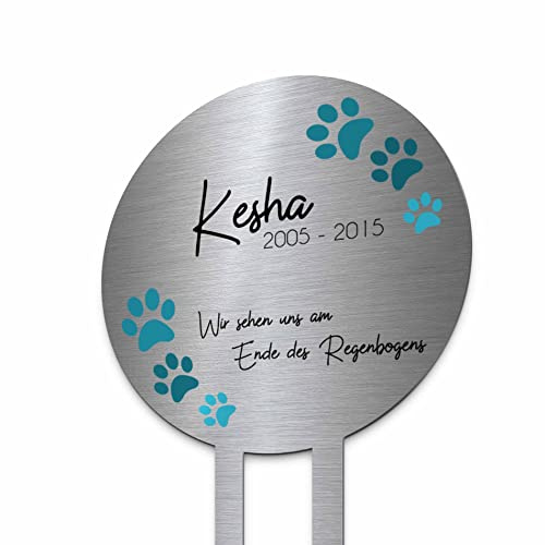 Edelstahl Grabstecker Hund Katze - Blumenstecker mit Foto und Motiven | Personalisierter Metall Grabschmuck wetterfest Tiere | Tiergrab Hundegrab Katzengrab Deko | Trauer Geschenk (Personalisierbar)