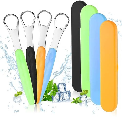 4 Pcs Tongue Scraper,Tongue Scraper with Case Cleaner Stainless Steel Tongue Brush Set for Adults & Kids,Toungescraper with Travel Case Tongue Scrapers for Adults Kids - Oral Hygiene & Fresh Breath