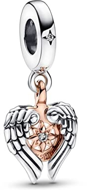 PANDORA Himmelskompass Engelsflügel Charm-Anhänger aus Sterling-Silber und rosévergoldeten Metalllegierung mit Zirkonia Steinen verziert, kompatibel Moments Armbändern, 782359C01