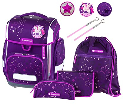 Schneiders 78391-074 - Schulranzen Ergolite Starlight, 9-teiliges Set mit Schultasche, Federmäppchen, Schlamper, Sportbeutel, 3 Klett-Motiven und 2 Leuchtstäben, Lila, 20 x 30 x 40 cm
