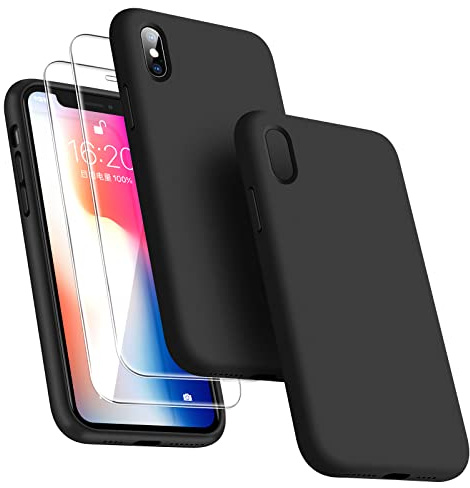 Dssairo 3-in-1-Schutzhülle für iPhone X/iPhone XS, mit 2 Displayschutzfolien, Flüssigsilikon, dünn, stoßfest, 14,7 cm (5,8 Zoll), Mikrofaser-Innenfutter, Schwarz