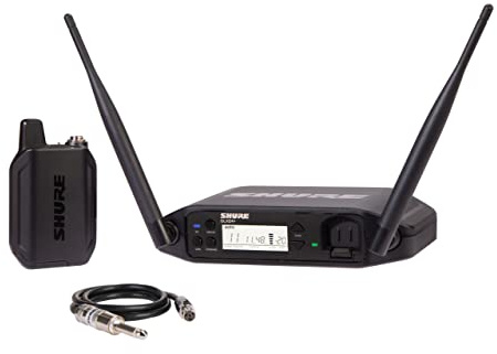 Sistema inalámbrico Shure GLXD14+ para guitarra y bajo, con batería de 12 horas y alcance de 30m. Incluye cable de instrumento y receptor de canal único.