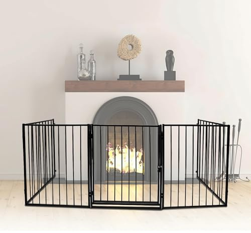 Cecaylie Kaminschutzgitter mit Tür 304 cm Metall Ofenschutzgitter Laufgitter Laufstall Absperrgitter Tierschutzgitter Türschutzgitter für Kinder-Sicherung, 5-teilig (je 60 x 75 cm) Schwarz