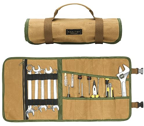Canvas Tool Roll, Portable Roll Up Tool Pouch - 16OZ Waxed Canvas Wrench Organization | with 12 Slots & Elastic Band & 1 Zippered Pocket | for Pliers Chisels Spanners Screwdrivers