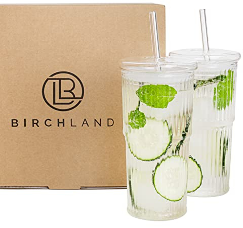 Birchland All Glass Iced Coffee Cup with Lid and Straw, Ribbed Glass Tumbler Set of 2 (22 oz ribbed)