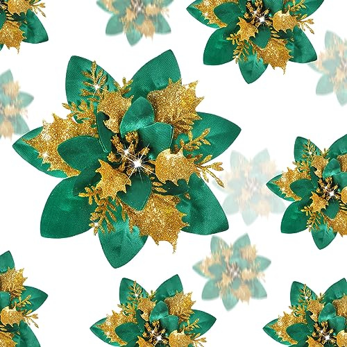 24 Flores Artificiales Brillantes de Pascua de Navidad, Adornos navideños con Clips para Bodas, Fiestas y árboles de Navidad, Adornos en tamaños de 15 cm, 10 cm, 7,6 cm (Verde