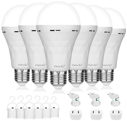 Ostwiki Rechargeable Light Bulbs,6 Pack Battery Operated Backup Emergency Light Bulb for Power Outage Camping Outdoor Hurricane 9W E27 8500K 1200mAh White Equivalent Self-Charging LED Light Bulbs