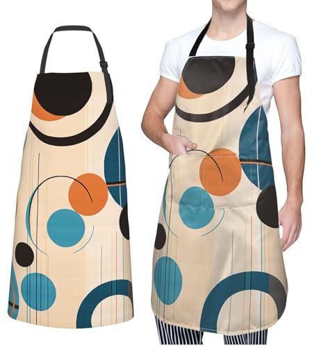 NONHAI Tabliers de cuisine pour homme et femme - Tablier de chef imperméable avec poches - Tablier de barbecue avec cercles du milieu du siècle, noir, taille unique, Noir, taille unique