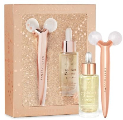 CRYSTALLOVE Gesichtsmassagegerät mit Serum Set - Clear quartz - 3D Gesichtsroller - Anti-Aging Massageroller - Gesichtslifting Massager - Massagegerät - Face Massage Roller