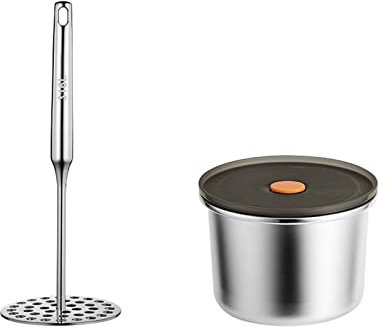 QTANZIQI Machacador de Patatas y ajos de Acero Inoxidable cree sin Esfuerzo un puré Suave de Verduras y Frutas con pequeños Agujeros
