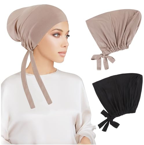 PHOGARY 2 Pcs Women Hijab Undercap, Islamic Muslim Under Hijab Cap Inner Under Scarf Hat Hijabcap with Tie Back Closure Solid Color Underscarf Hijabcap Turban Head Wraps for Women Chemo Sleep Cap (B)