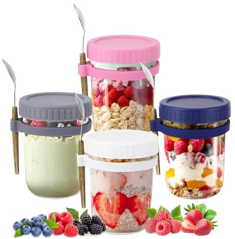 Farnirvana 4 PCS Overnight Oats Jar, 350ml Bol Céréales à Emporter en Verre, avec couvercle et cuillère, Réutilisable Boite Yaourt To Go, pour Lait Céréales Fruits Bureau Ecole