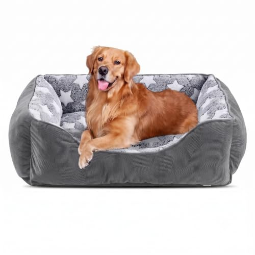 FURTIME Cuccia per cani di taglia grande, lavabile, antiscivolo, soffice materasso per cani con bordi rialzati, morbido divano per cani e gatti XL (89 x 63 x 23 cm), grigio/stelle