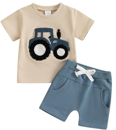 PanLidapan Toddler Baby Boys Summer Shorts Set Outfits Truck Embroidery T-shirts Short Sleeve Tops Shorts Pants 2Pcs Clothes Set Tracksuit (Blue, 2-3T)