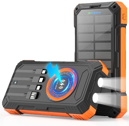 YOLOSKS Cargador solar portátil inalámbrico de 49800 mAh, carga rápida QC3.0 de 22.5 W, 4 cables integrados con USB C, 6 salidas y 2 entradas para todos los teléfonos celulares