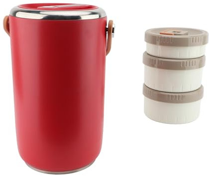 Pssopp Lonchera Aislada Apilable de 3 Niveles, Diseño Mango Agarre Cómodo Desmontable y Fácil Limpiar Tarro Alimentos Aislado Al Vacío Múltiples Capas 2,6 L para (rojo)