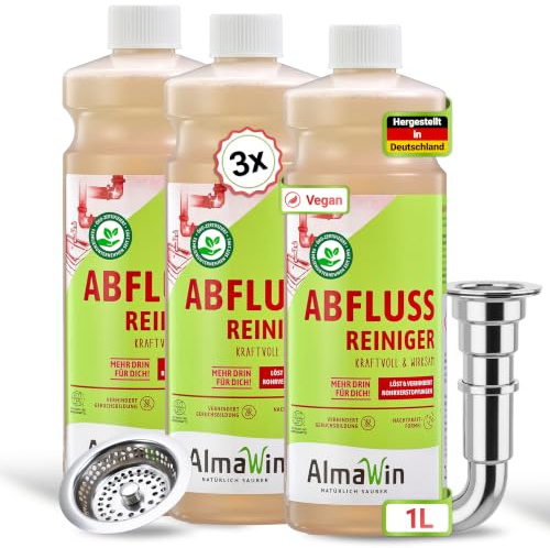 AlmaWin® Abflussreiniger [3x 1L - 24 Anwendungen] Extra Stark gegen Verstopfung & Gerüche - Rohrreiniger Extrem Stark gegen Haare, Seifenrückstände & Mehr - Abfluss Reiniger mit Nachtkraftformel