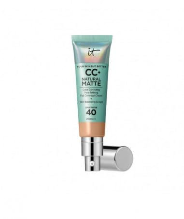 IT Cosmetics, Base de Maquillaje Matificante y Control de Brillo 16h, Minimiza Poros, Hidrata 24h, Your Skin But Better CC+ Natural Matte SPF 40, Tono Neutral Medium, 32 ml